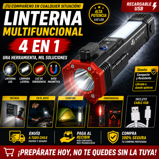Linterna Táctica Multiuso 4 en 1 - Recargable y de Emergencia